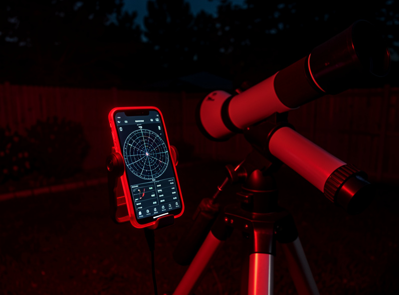 A phone running SkySafari in red night mode mounted beside a telescope at night, showing a deep-sky finder chart