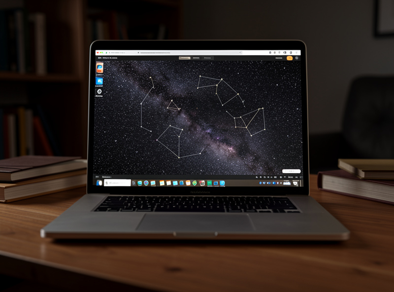 A laptop running the Stellarium planetarium app showing a photorealistic night sky with constellation art