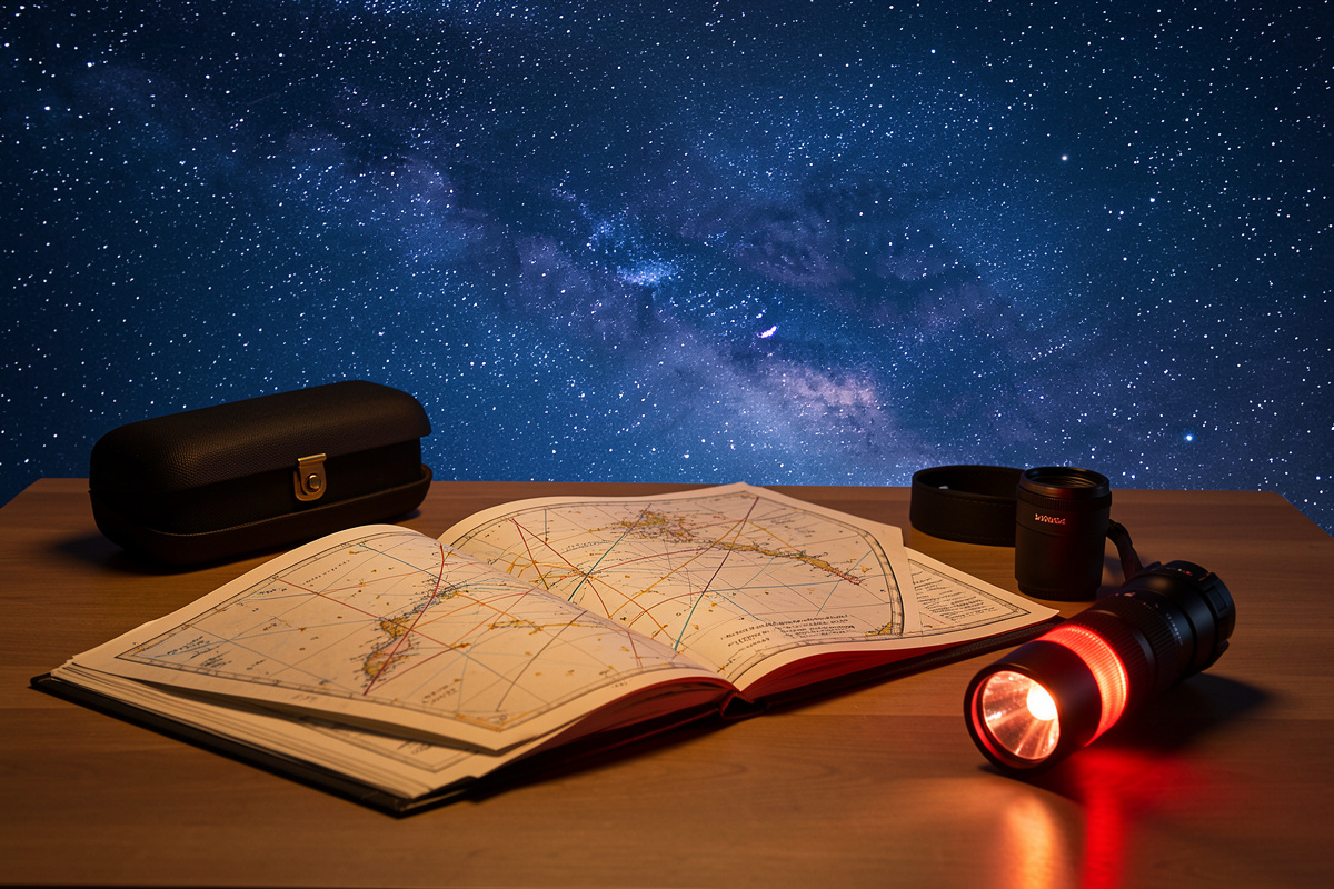 Open laminated star atlas beside a telescope eyepiece case and red flashlight under a starry sky