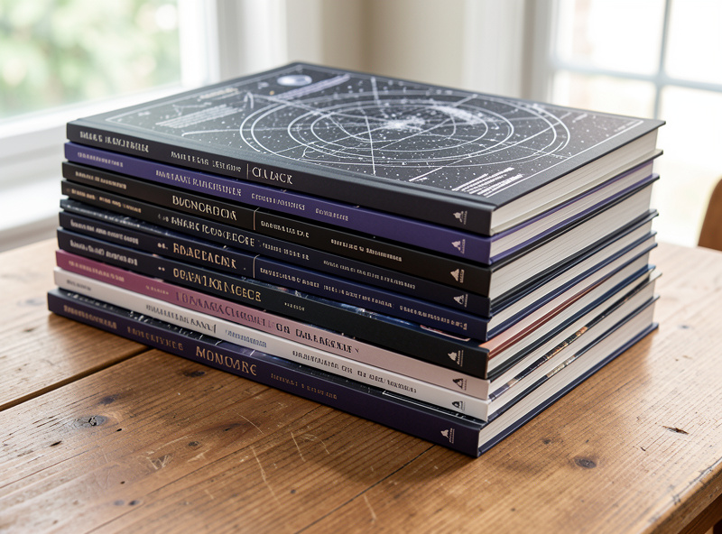 A stack of printed star atlases of increasing detail on a table, from a simple planisphere to a dense deep-sky atlas