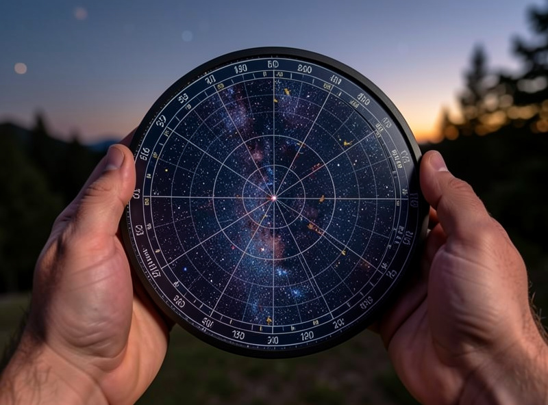 A planisphere star wheel held in two hands, rotated to show the current night sky for a northern latitude