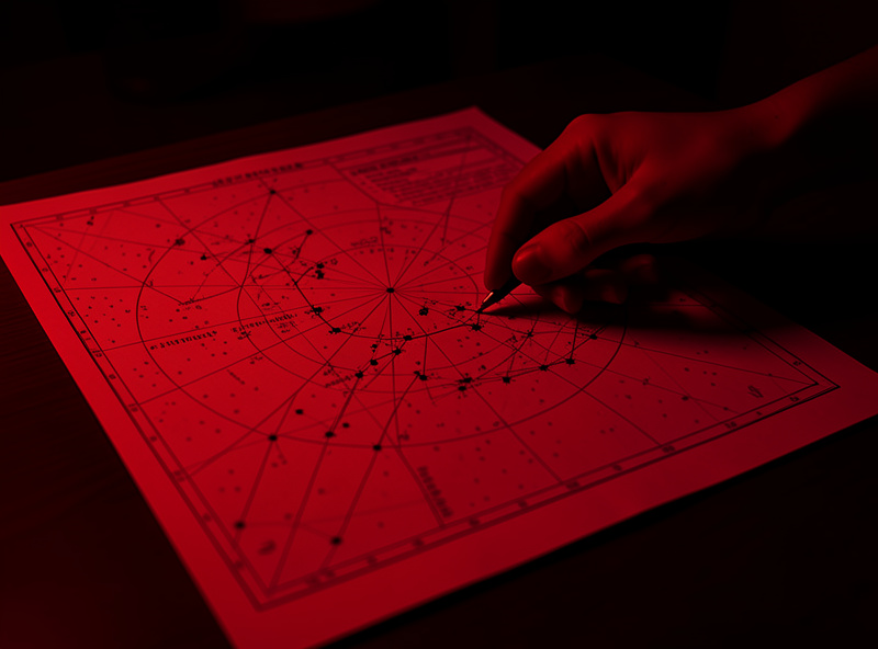 A detailed printed star chart under red light with a finger tracing a star-hop path between stars