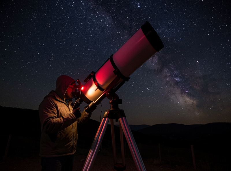 An observer at a Dobsonian telescope at night working through a deep-sky target list under a dark starry sky