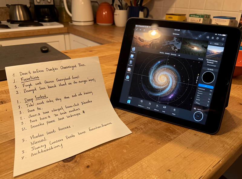 A handwritten deep-sky target list beside a planetarium app on a tablet on a kitchen table