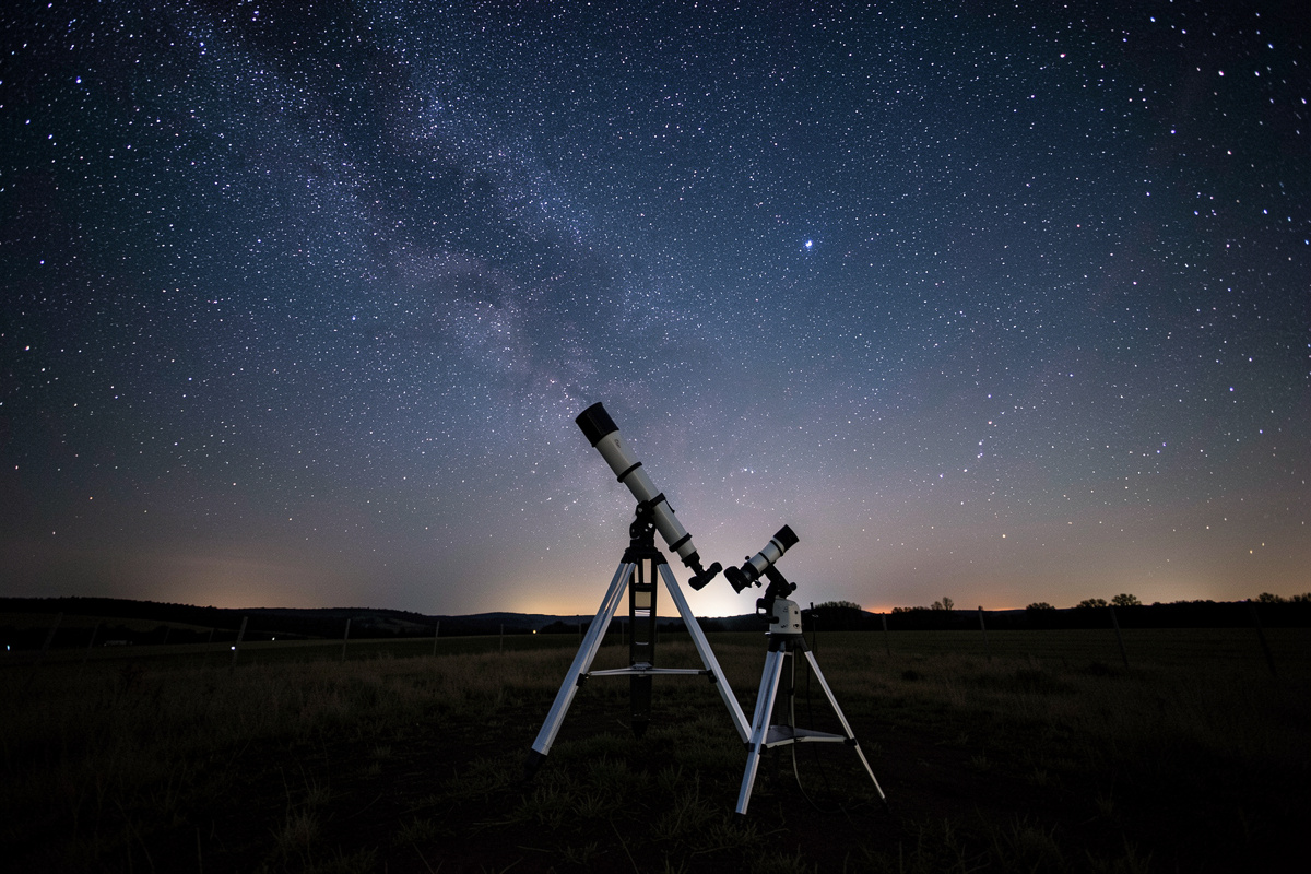 Telescope under a vast spring night sky at a dark rural site set up for an all-night Messier marathon