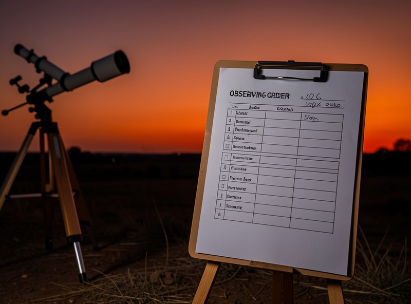 A printed Messier marathon observing order list on a clipboard beside a telescope at dusk