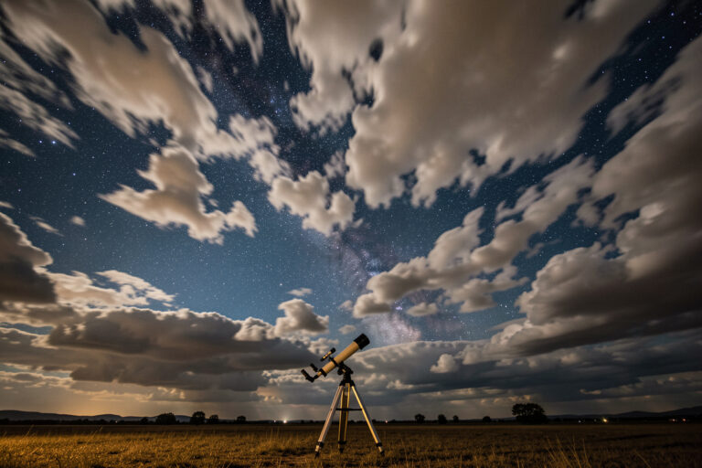 Partly cloudy night sky with stars showing through gaps above a telescope set up for observing