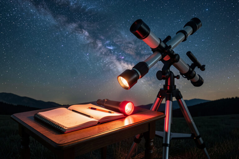 An observing notebook, pencil, and red flashlight on a table beside a telescope under a starry sky
