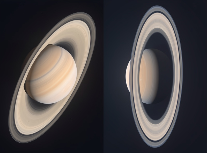 Comparison of Saturn at different ring tilt angles from wide open to nearly edge-on