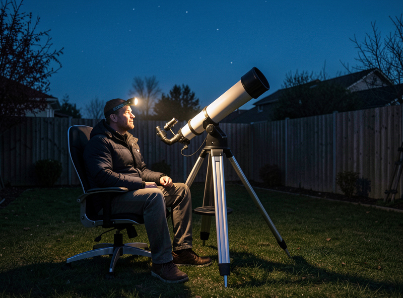 An astronomer seated comfortably on an observing chair at the telescope eyepiece at night