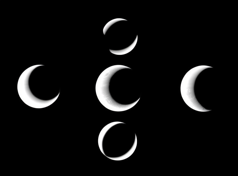 Sequence showing the phases of Venus from a small full disc to a large thin crescent