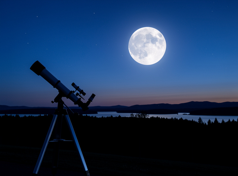 Brilliant Venus shining as the evening star over a Scandinavian landscape at twilight with a telescope on a tripod