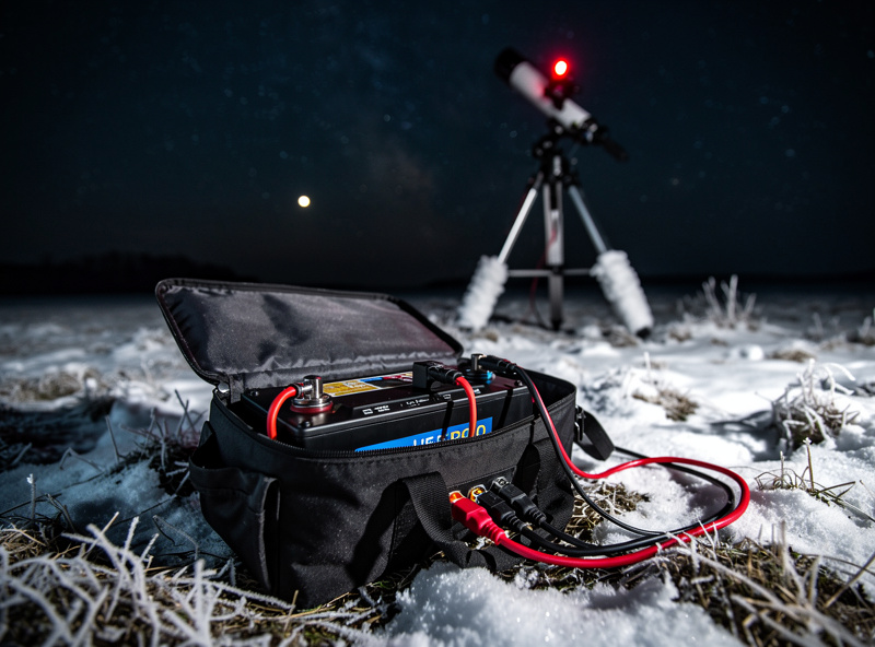 LiFePO4 battery pack with 12V DC output cables connected to astrophotography rig, insulated bag around battery for cold weather, field setup in winter