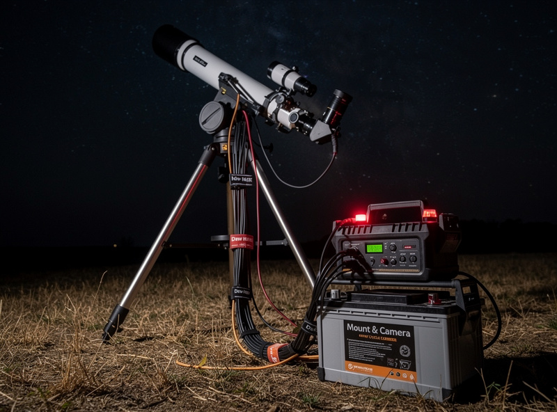 Dual battery setup for astrophotography, one LiFePO4 for mount and camera, one smaller unit for dew heater, cables organized, field setup on tripod