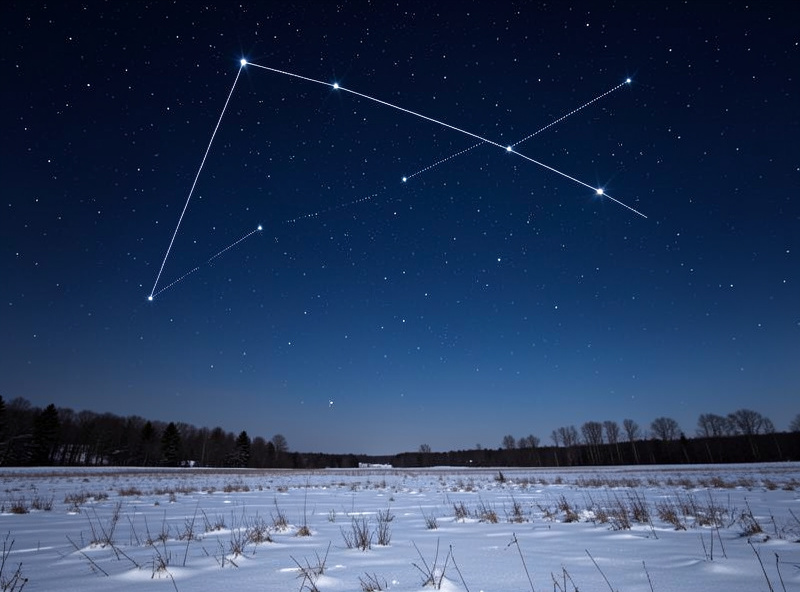 Orion constellation high in a dark winter sky over a snowy field