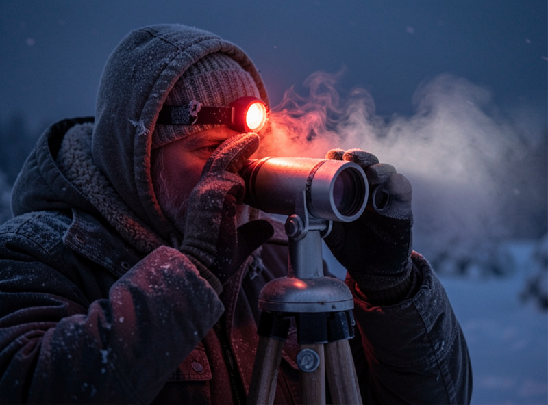 Observer in heavy winter clothing at a telescope eyepiece on a frosty night